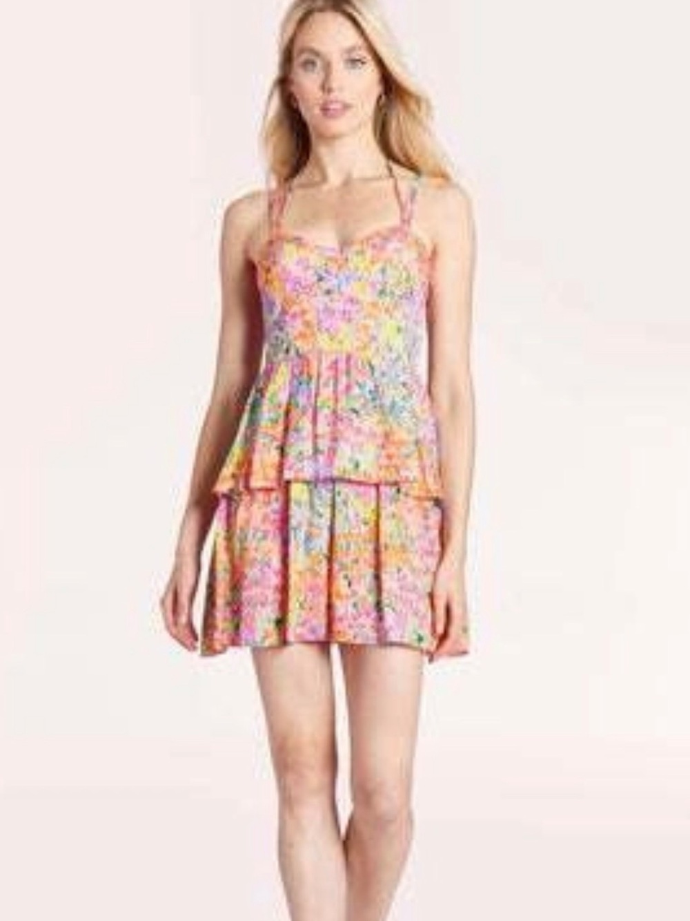 Amanda Uprichard Pink Floral Caelynn Tiered Mini Dress Size M